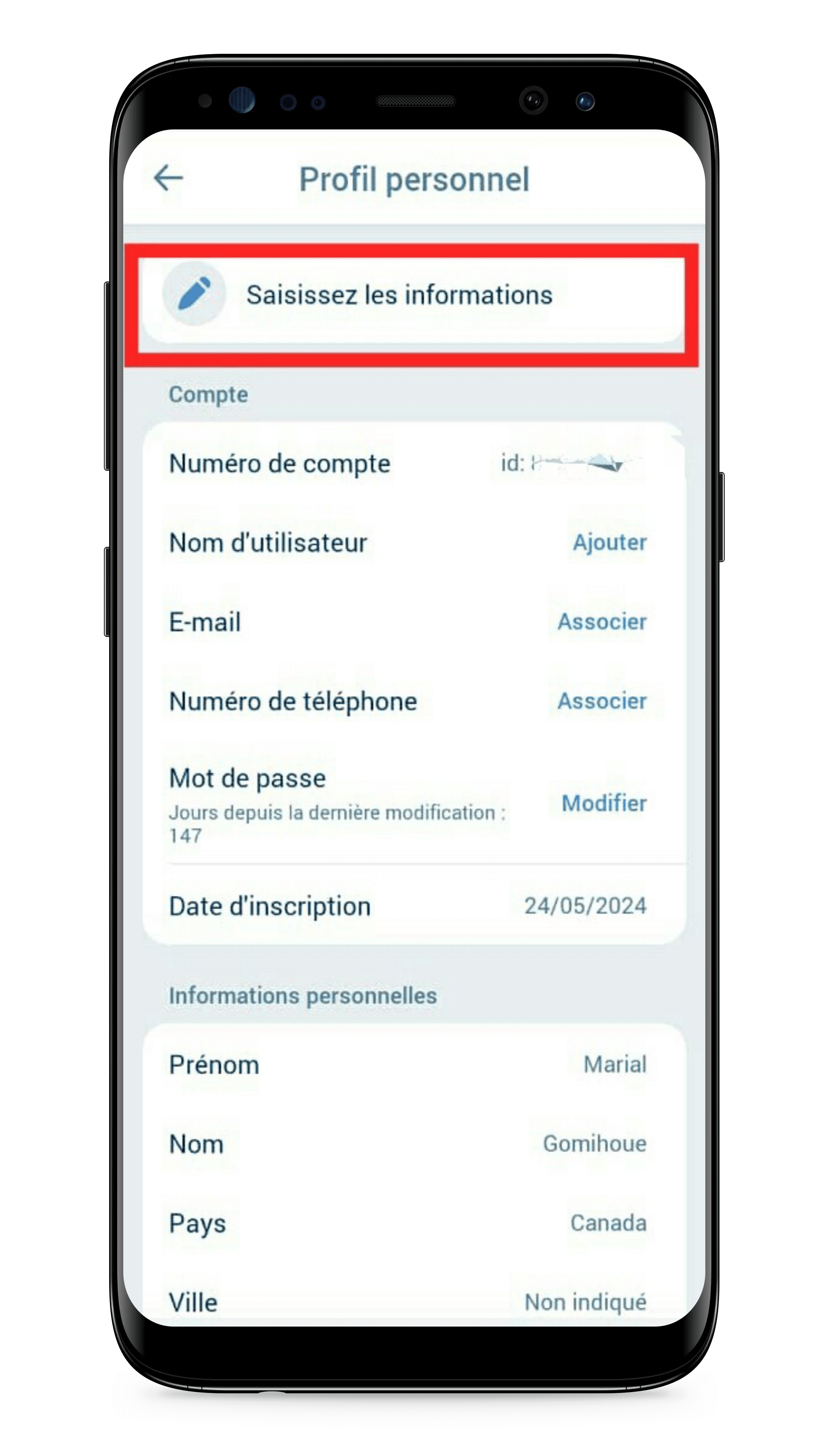 Cliquez sur “Saisissez les informations”