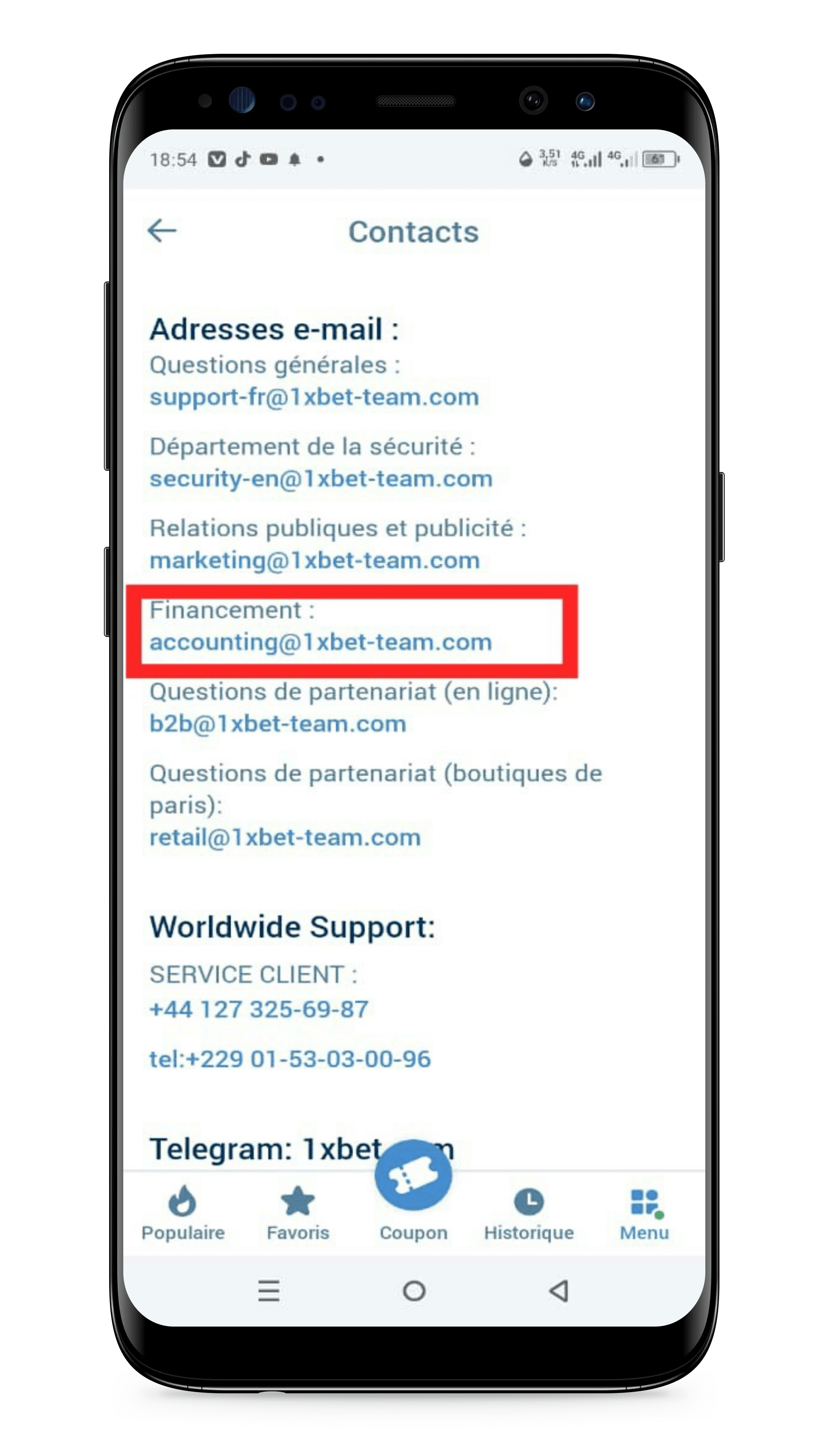 Copier l’adresse du support client technique