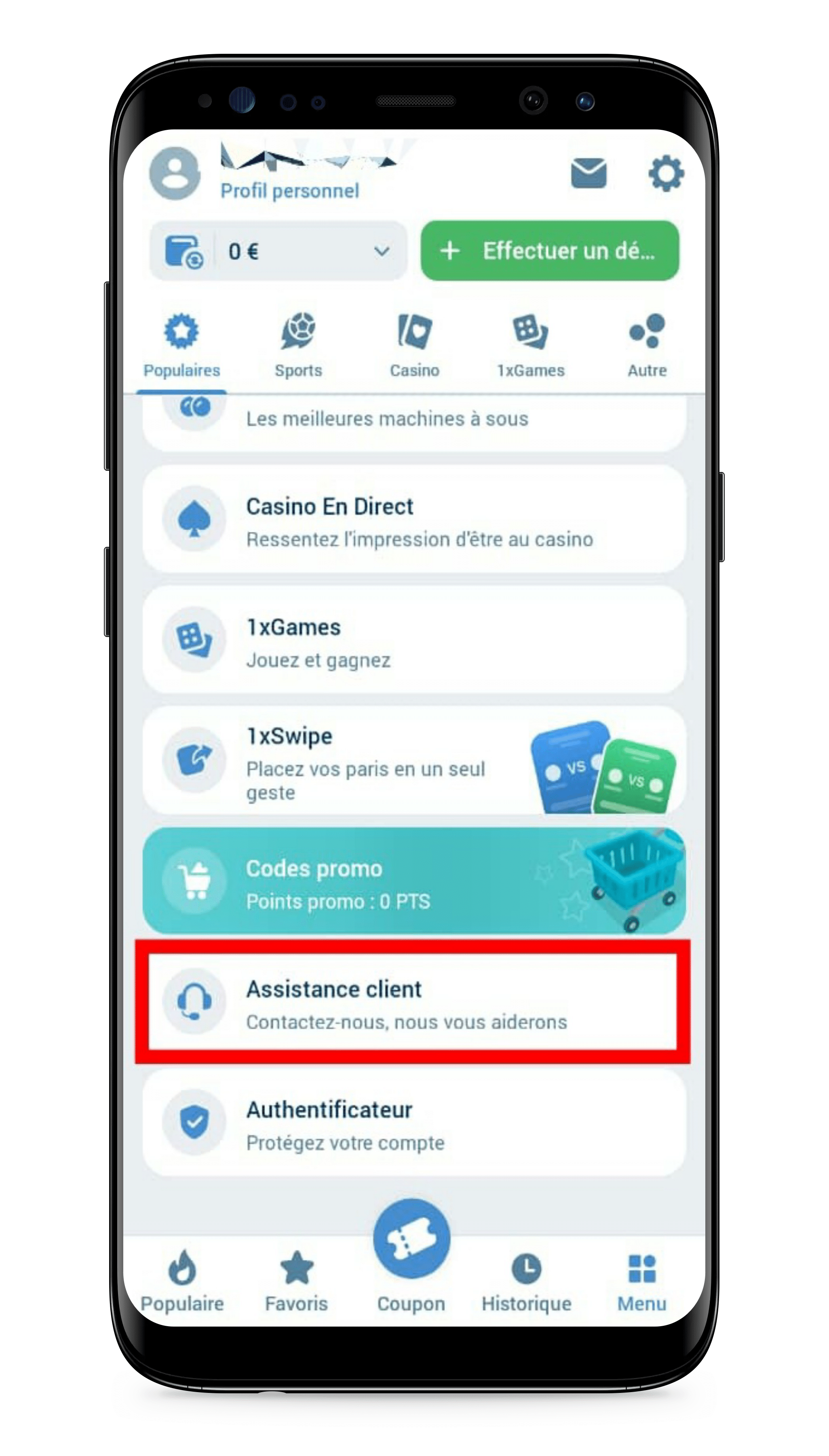 cliquez sur le bouton « Assistance clientèle »