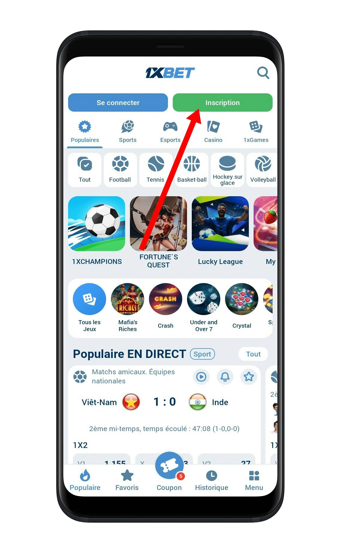 ouvrir 1xbet APK ou se rendre sur le site officiel