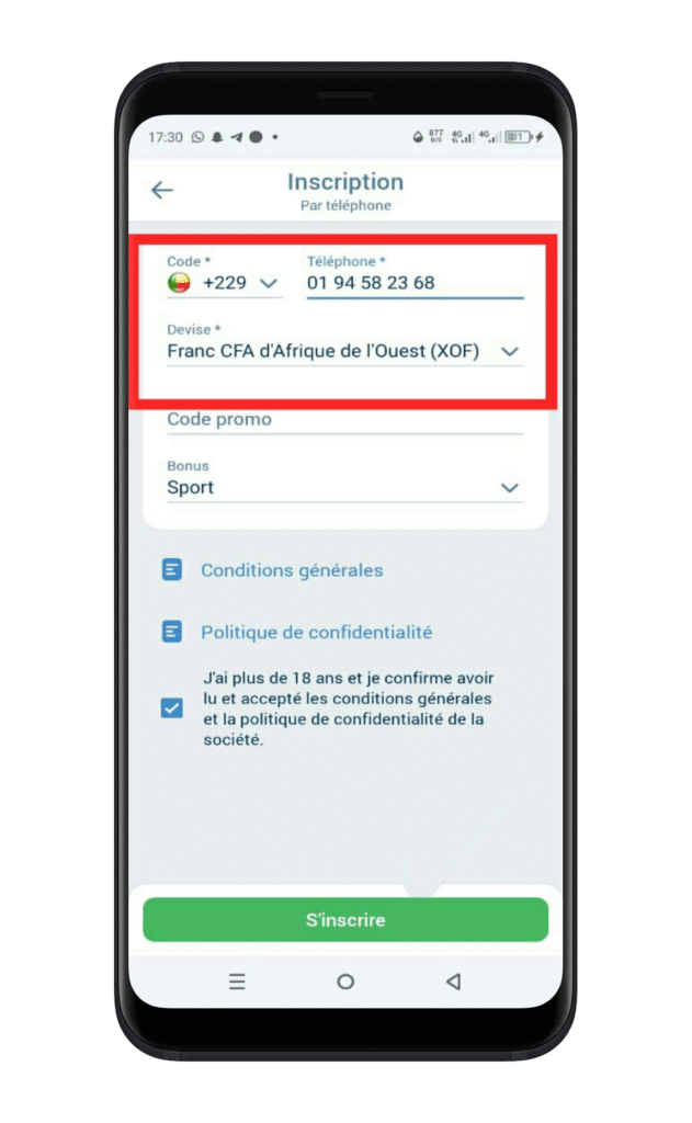 remplir le formulaire d’inscription