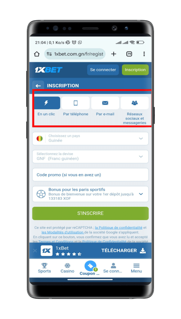 Sélectionnez votre mode d’inscription 