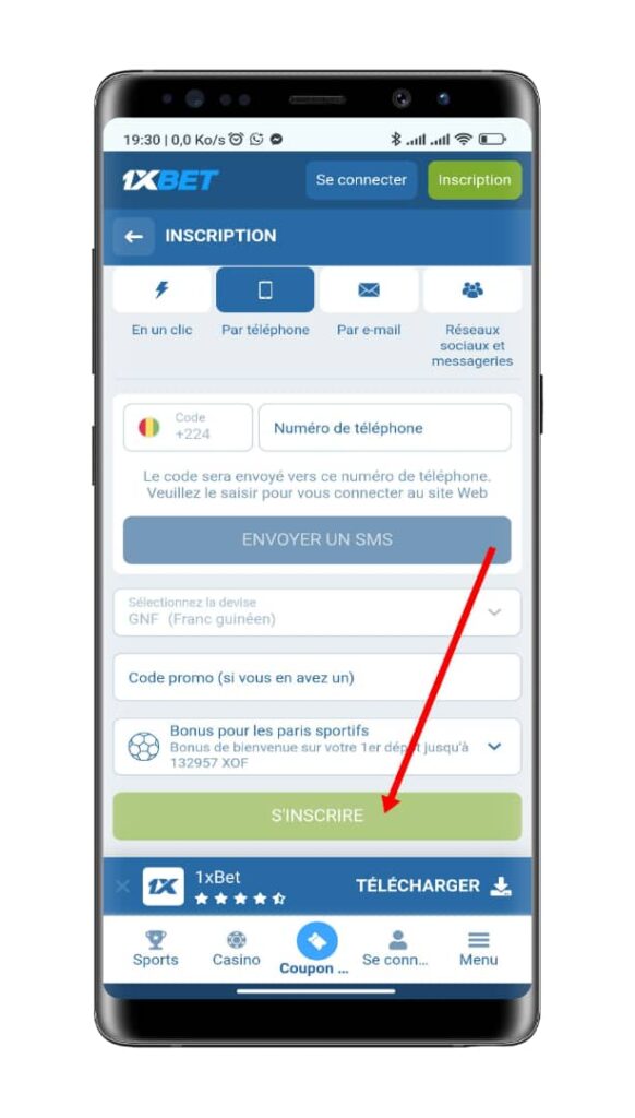 Validez votre inscription sur 1xBet Guinée