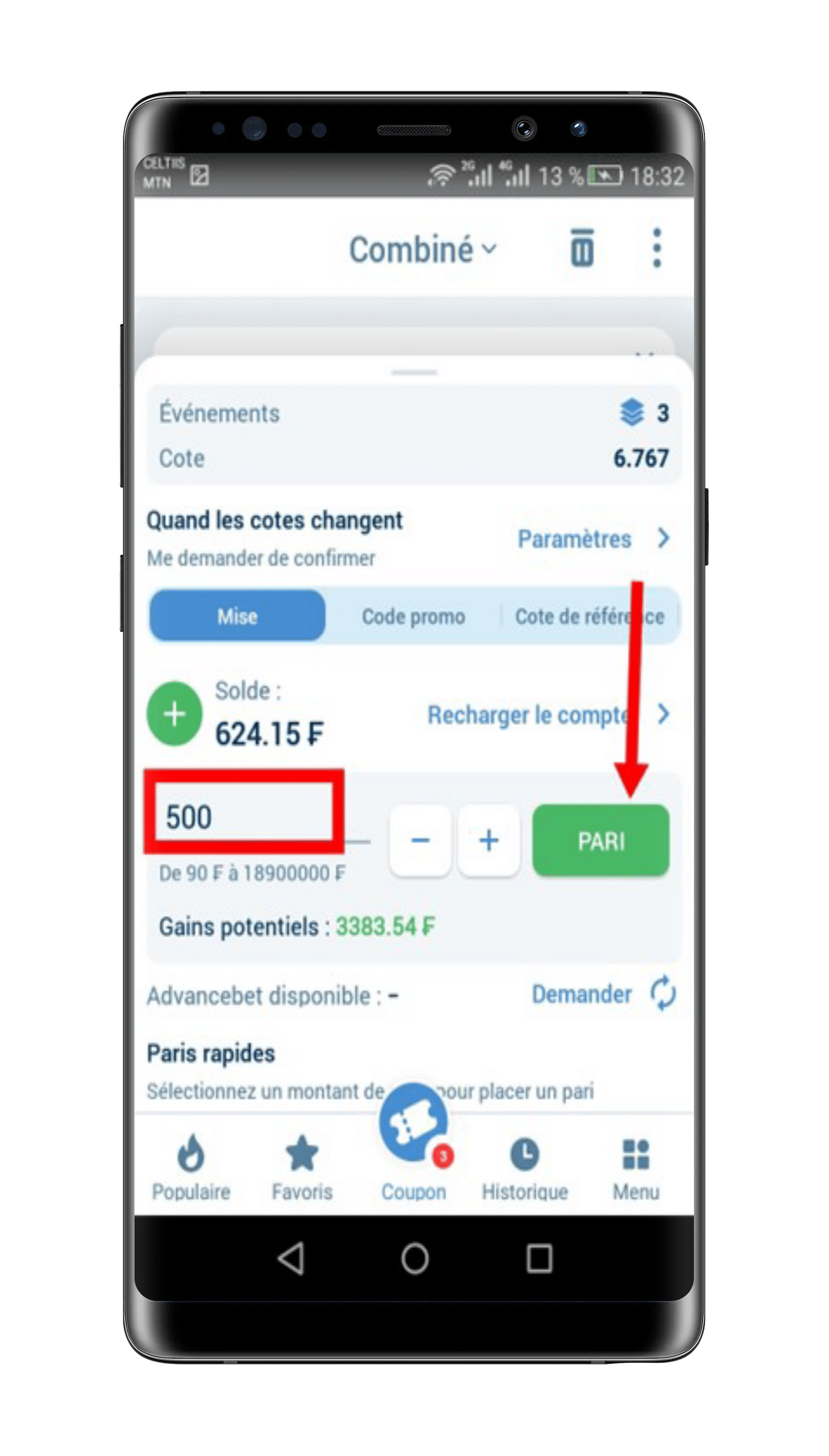 placer le pari avec le montant de bonus